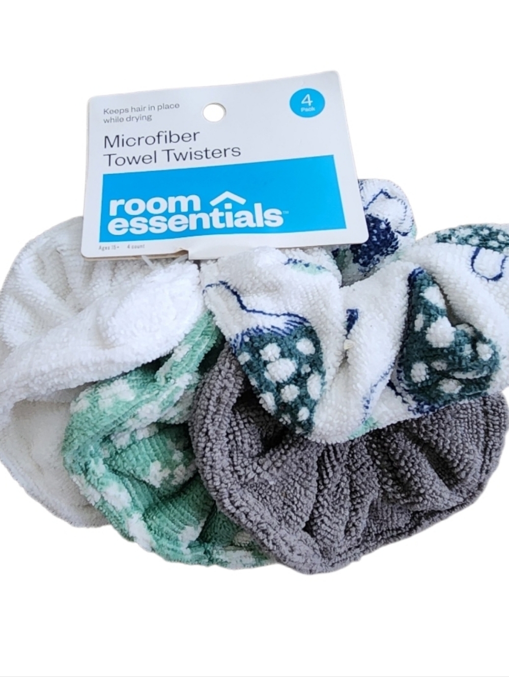 room essentials Microfiber Towel Twisters - White, Green, Gray (4 Pack) New